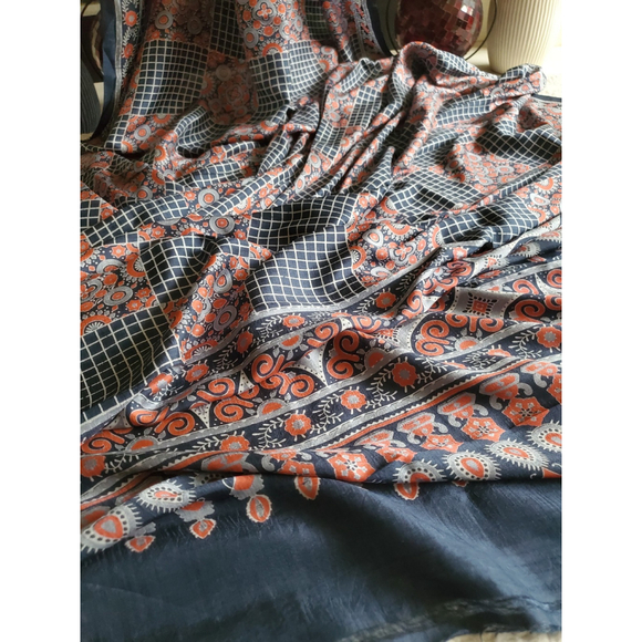 New Women Ajrakh Block Pure Silk Saree With Bp Party Designer Festive - Picture 9 of 10